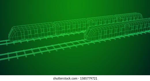 Modern high speed train on straight rails. Railway wireframe low poly mesh vector illustration