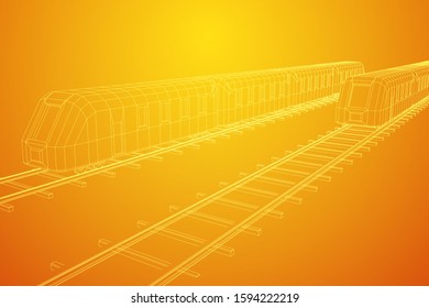 Modern high speed train on straight rails. Railway wireframe low poly mesh vector illustration