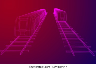 Modern high speed train on straight rails. Railway wireframe low poly mesh vector illustration