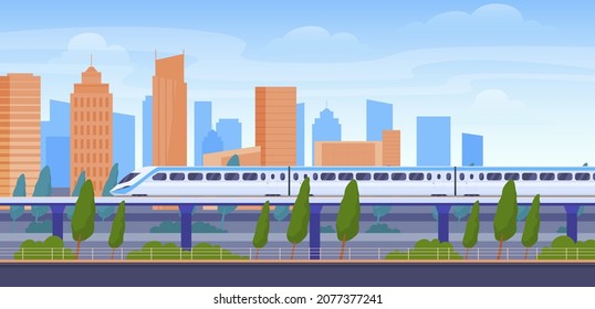 Modern High Speed Train Riding City Railway Station Vector Flat Cartoon Illustration. Comfortable Fast Movement Passenger Carrying Transport With Cityscape Downtown Silhouette With Skyscrapers And Sky