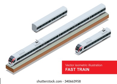 Modern high speed train. Vector isometric illustration of a Fast-Train. Vehicles designed to carry large numbers of passengers. 