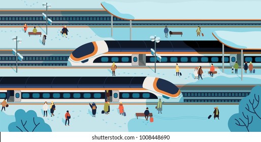 Modern high speed trains stopped at railway station and people standing and walking on platform covered by snow. Passenger rail transport, railroad transportation. Colorful flat vector illustration.