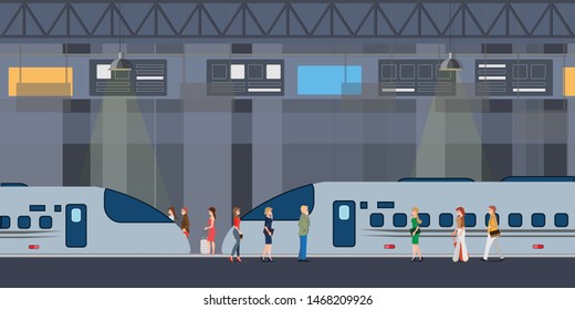 Modern high speed trains stopped at railway station and people standing and walking on platform. Passenger rail transport, railroad transportation flat vector illustration.