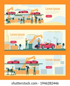 Modern High Tech Car Assembly Plant with Computer-Aided System. Operator at Working Station, Talking Shop to Colleague. Converter Moving Through Production Line. Set Three Landing Page Template.