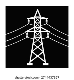 Modern high voltage transmission tower standing tall against a stark minimalist background with intricate lattice framework and multiple horizontal power lines extending into the distance