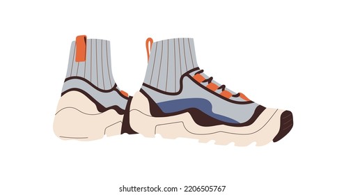 Modern high-ankle sneakers. Sport footwear, comfortable shoes. Sportive athletic foot wear design. Pair of trainers, comfy casual footgear. Flat vector illustration isolated on white background