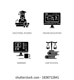 Modern Higher Education Black Glyph Icons Set On White Space. Doctoral Studies, Law School, Online Training Courses And Webinars Silhouette Symbols. Diploma Obtaining. Vector Isolated Illustrations