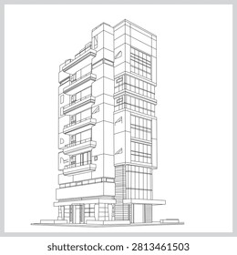 Modern High-Rise Building Architectural Line Drawing — Vector Outline Illustration of Tower with Balconies and Ground Floor Columns