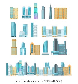 Modern high-rise city skyscrapers. Office city apartment buildings, house residential. Towers city business architecture, business centers, offices, residential buildings vector illustration isolated.