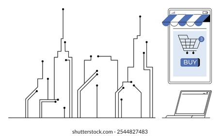 Uma paisagem urbana moderna em estilo de arte de linha minimalista, complementada por um smartphone com um ícone de carrinho de compras e um botão de compra. Ideal para comércio eletrônico, marketing digital, tecnologia, on-line