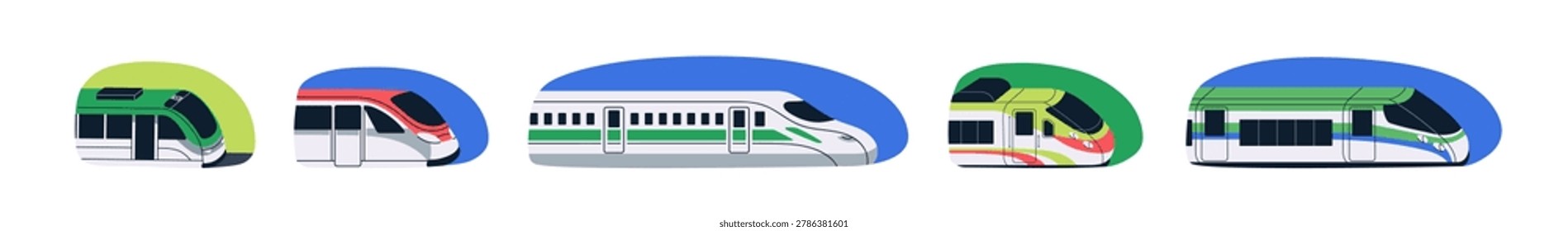 Modern high-speed bullet trains set. City and intercity rail vehicles, railway public passenger transport. Railroad travel, subway icons. Flat vector illustration isolated on white background