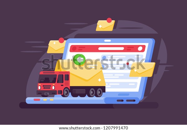 Modern, high-speed mail delivery using the\
internet. Concept online delivery of letters in the form of truck,\
laptop, web. Vector\
illustration.