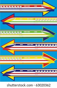 Modern high-speed passenger trains are moving in all directions.