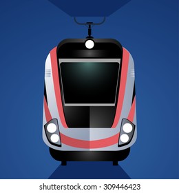 Modern high-speed train isolated on blue background. Front view. One of type of passenger transportation.