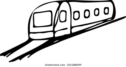 Moderner Hochgeschwindigkeitszug auf der Schienen Skizze. Schwarz-Weiß-Vektorgrafik von Hand gezeichnet.