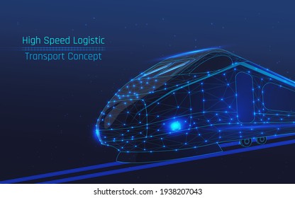 modern high-speed train, passenger travel concept, cargo delivery, moving between countries on the tycoon's railroad. modern and future logistics technologies .wireframe, plexus,vector, dark-blue bg