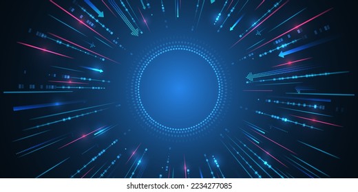 Modern high-tech background for presentations and websites. Abstract background with glowing dynamic lines. Futuristic red-blue stripes with arrows.