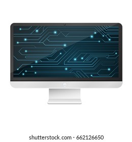 Modern, high-tech computer isolated on white background. An image of a glowing motherboard on the monitor screen. Blue chain with connectors. Vector illustration. EPS 10