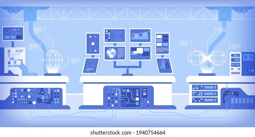 Moderne High-Tech-Kontrolltafel in intelligenten Fabriken oder Forschungslabors. Leistungsstarker Computer mit mehreren Monitoren und Verarbeitung im Rechenzentrum. Vektorgrafik zukünftiger Wissenschaft, Technologiebranche