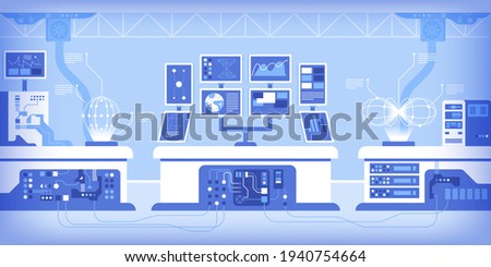 Modern high-tech control panel in smart factory or research laboratory. Powerful computer with multiple monitors and data center processing. Vector illustration of future science, tech industry