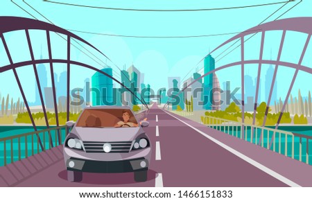 Modern highway bridge flat vector illustration. City traffic, luxury car on road cartoon drawing. Driver sitting in vehicle, looking in window character. Skyscrapers, apartment buildings cityscape