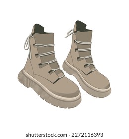 Modern hiking or trekking boots with flat soles and laces. Fashionable casual walking shoes. Color vector illustration of trendy trekking shoes isolated on white background.