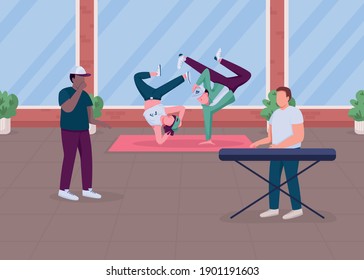 Modern Hip Hop Music Show Flat Color Vector Illustration. Special Dancing Perfomance At Home. Hip Hop Musicians And Dancers 2D Cartoon Characters With Stylish Apartaments On Background