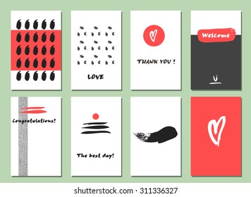 Modern Hipster Background/Set of Trendy  hand drawn Card. Made with Ink. Business Creative Contemporary Design. Templates For Placards, Posters, Flyers, Diary, Notebook, Invitation and Banner Designs.