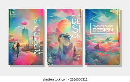 Modern hipster futuristic paint in pop art style. Modern abstract color backdrop. Contemporary art. Trendy liquid design. Brochure background. Vintage template. Vector set.