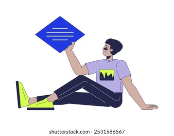 Homem hispânico moderno segurando texto bloco 2D personagem de desenho animado. Homem latino-americano com roupas casuais sentado com caixa de texto isolada pessoa vetor plano no fundo branco. Ilustração especial colorida