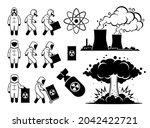 Modern History Atomic Age or Nuclear Age. Vector illustrations depict nuclear power plant, hazmat suit worker, radioactive waste, atom nuclear bomb, and big mushroom cloud explosion.