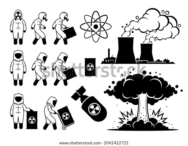 Modern\
History Atomic Age or Nuclear Age. Vector illustrations depict\
nuclear power plant, hazmat suit worker, radioactive waste, atom\
nuclear bomb, and big mushroom cloud\
explosion.