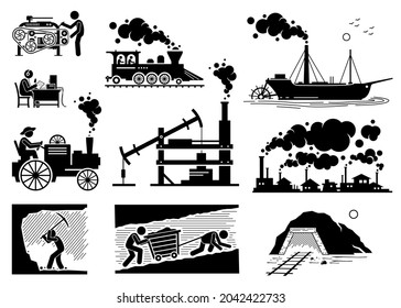 Modern History Industrial Age Or Industrial Revolution Technology Development. Vector Illustrations Of Steam Engine, Coal Mining, Power Loom Machine, Radio Broadcasting, And Factory Smoke.