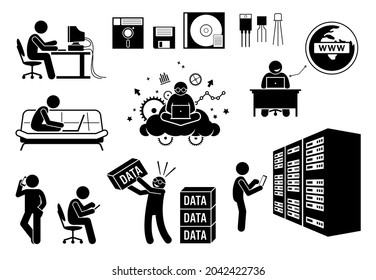 Modern History Information Age, Multimedia Age, and Social Age. Vector illustrations depict old diskette, transistor, people using computer, surfing Internet, data center server, and information data.