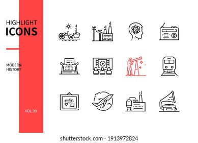 Modern history - line design style icons set. Scientific discoveries, , technology and culture in historical period. Industrial revolution, electrification, astronomy, train, airplane, gramophone