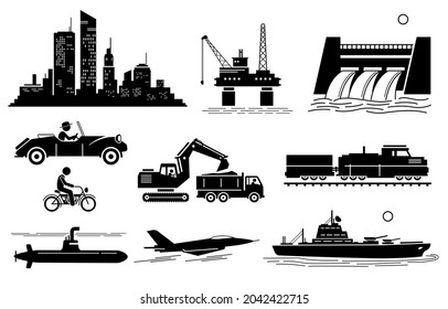 Modern History Machine Age, Age of Oil and Jet Age. Vector illustration depicts city skyscraper, oil platform, hydroelectric dam, vintage car, bike, earthmover, train, submarine, jet, and warship.