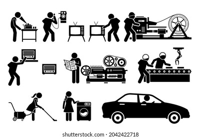 Modern History Machine Age Technologies. Vector Illustrations Depict Phonograph Record Player, Old Telephone, TV, Metal Roller Machine, High Speed Printing Presses, Radio, And Factory Assembly Line.