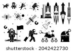 Modern History Space Age and Exploration. Vector illustrations depict human sending dog, monkey, and fruit fly to space. Human astronaut and rocket flying to space and landing at moon.