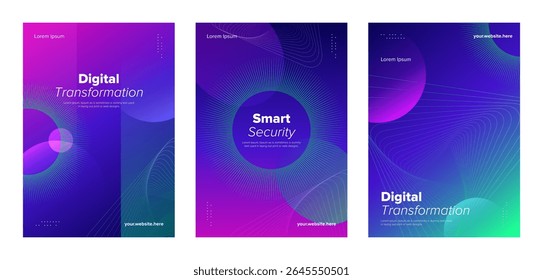 Modern hi-tech poster set. Abstract neon digital business vector template background.