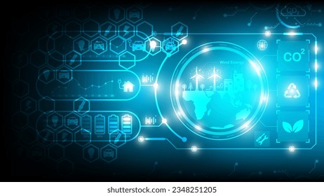  Modernes High-Tech-, Wissenschafts-, Futuristik- und Technologiekonzept. Abstraktes digitales Hightech-Stadtdesign für Bannerhintergrund. Öko-Lösung für den globalen Planeten. Blitzschlag auf Hintergrund. 