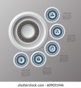 Modern hi-tech turbine infographic template. Five options vector illustration. 5 steps notes business concept for workflow, data, process, parts with big main target