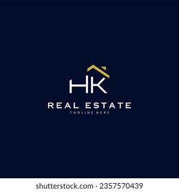 modern HK letter real estate logo in linear style with simple roof building in blue