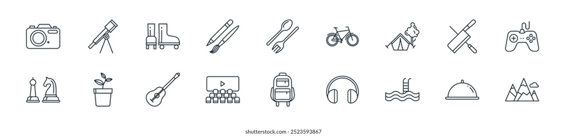 modern hobbies icon pack. perfect for linear ui designs featuring vector mountain, dish, swimming pool, music, backpack, cinema, guitar and more icons for mobile and web apps.