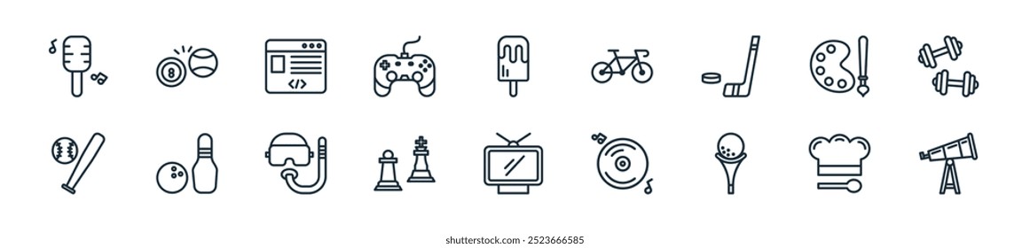 modern hobbies icon pack. perfect for linear ui designs featuring vector star gazing, cooking, golf, music, television, chess, scuba diving and more icons for mobile and web apps.