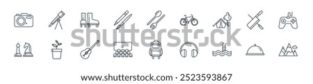 modern hobbies icon pack. perfect for linear ui designs featuring vector mountain, dish, swimming pool, music, backpack, cinema, guitar and more icons for mobile and web apps.