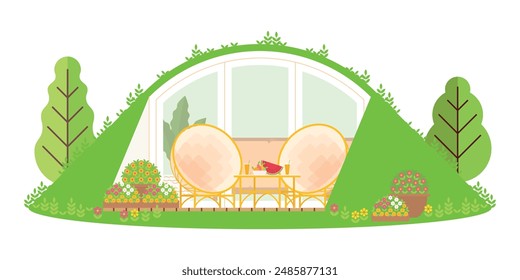 Modern hobbit house with interior within, outdoor terrace, garden furniture and flower beds. Eco-friendly arched house with a glazed facade, flowers in pots outside, a cozy outdoor relaxation area