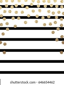 Modern holiday background with gold glitter dots on black stripes.