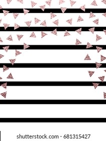 Modern holiday background with rose gold glitter triangles and black lines. 
