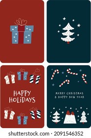 Modern Holiday cards with Christmas tree, gift box, ornate floral frame, background. Universal artistic templates.