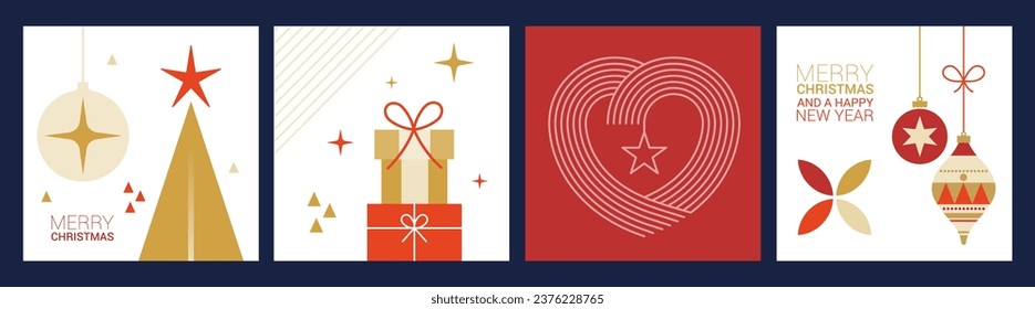 Modern Holiday cards with Christmas tree, birds, ornate floral frame, background and copy space. Universal New Year templates
